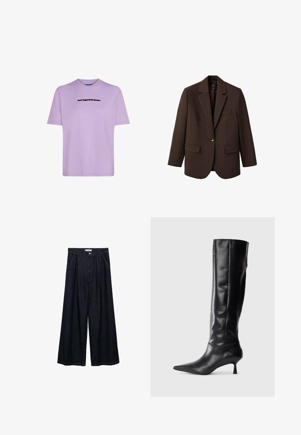 Ruskea bleiseri, jossa on viistetty kaulus, yksittäinen napin suljenta, kaksi etutaskua ja rintatasku. Valmistettu sileästä kankaasta, joka sisältää muotoiltua suunnittelua.; Laventelinsininen puuvillat-paita, jossa on lyhyet hihat, pyöreä pääntie ja musta "karl lagerfeld jeans" -logo rinnassa.; Tummat farkku leveälahkeiset housut korkealla vyötäröllä, joissa on etunapit, kaksi sivutaskua ja ompeluyksityiskohtia.; Mustat nahkasaappaat polvipituisina, joissa on terävä kärki ja kapea kaareva korko. Suora pinta, tiukka muotoilu eikä näkyvää hardwarea tai kuvioita.