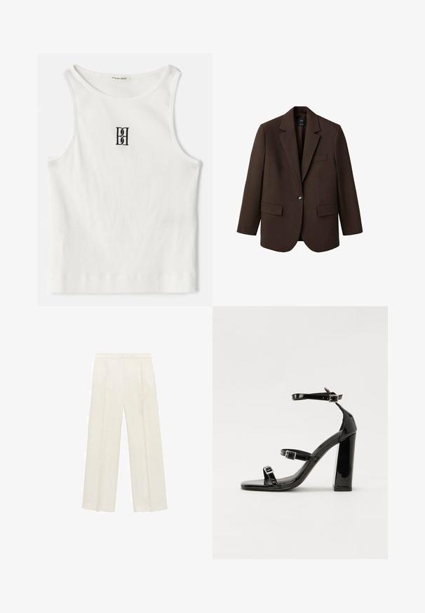 Rjav blazer s spodnjim ovratnikom, enojnim gumbom, dvema sprednjima žepoma in žepom na prsih. Narejen iz gladkega materiala in ima krojen dizajn.; Bela rebrasta majica bez rukava s crnim izvezenim logotipom u središtu grudnog dela. Ovratnik i otvor za ruke su završeni suptilnim obradom.; Hlače širokih nogavic v svetli kremni barvi. Narejene iz gladkega materiala s plitkimi naborki spredaj in stranskimi žepi.; Črne lakirane sandale s peto, kvadratnim prstom, trakovi okrog gležnja in srebrnimi zaponkami. Opremljene so s stabilno Debelo peto.