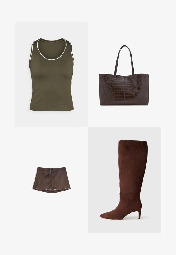 Hnědý blejzr s klopami, jednobotonovým zapínáním, dvěma předními kapsami a kapsou na prsou. Vyroben z hladké tkaniny s přesně střiženým designem.; Zelená olivová tílko s kulatým výstřihem a bílým kontrastním stehem. Vyrobeno z hladkého, elastického materiálu, s přiléhavým designem.; Hnědá mini sukně z umělé suroviny s předním šněrováním a stříbrnými cvočky podél lemu. Hladký povrch, A-silhouette a krátká délka.; Hnědá semišová kozačka po kolena s špičatou špičkou a jehlovým podpatkem. Hladká textura a minimalistický design. Žádné viditelné kovové doplňky nebo akcenty.; Hnědá taška přes rameno s krokodýlí texturou, se dvěma pevnými uchy, obdélníkovým tvarem a hladkým lesklým povrchem; obsahuje detail centrálního švu.