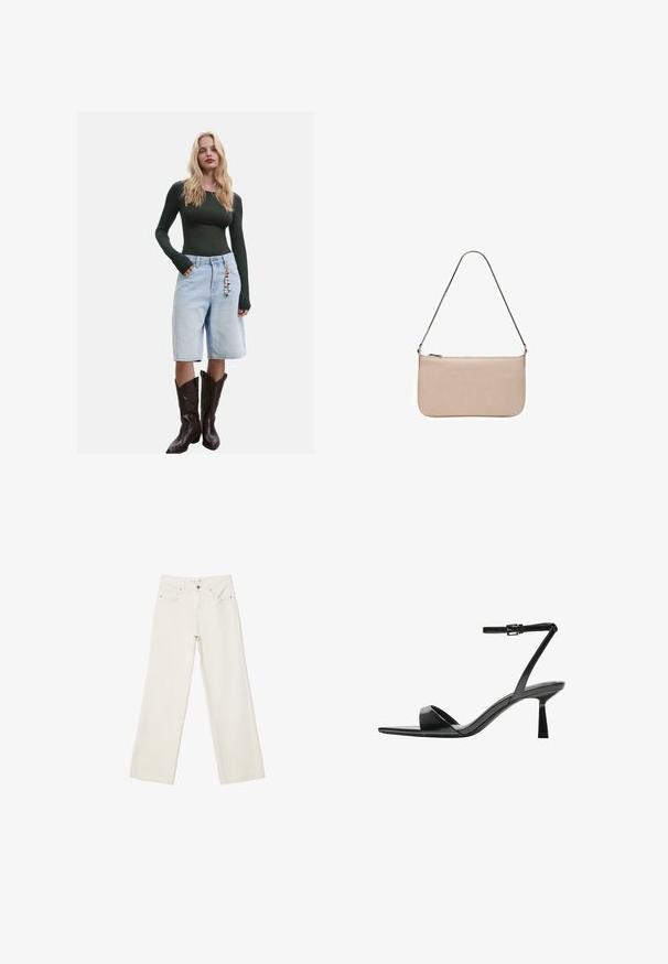 Bruine blazer met een opstaande revers, enkele knoopsluiting, twee zijzakken en een borstzak. Gemaakt van gladde stof, met een getailleerd ontwerp.; Langarmige donkergroene top gecombineerd met lichtblauwe denim bermuda shorts en bruine cowboylaarzen, met een decoratieve hanger aan de shorts.; Witte wijde spijkerbroek van denim, met een hoge taille, voorzakken en een knoopsluiting. Eenvoudig ontwerp met minimalistische accenten.; Bershka Sandalen met hoge hak - black; Beige rechthoekige tas met een gladde textuur, een zilveren kettingband en een ritssluiting aan de bovenkant. Eenvoudig, minimalistisch ontwerp.