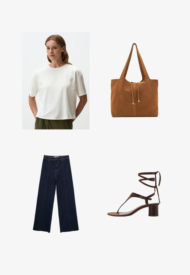Brauner Blazer mit Reverskragen, einem einreihigen Knopfverschluss, zwei vorderen Taschen und einer Brusttasche. Hergestellt aus glattem Stoff, mit taillierter Passform.; Jimmy Key T-Shirt basic - ecru; Weite dunkle Jeanshose mit Kontrastnähten, hoher Taille und geradem Schnitt. Verfügt über Fronttaschen und einen klassischen Knopfverschluss.; Braune Wildleder-Peeptoe-Sandale mit einem dreieckigen Zehenriemen, Knöchelbindern und einem strukturierten Blockabsatz für Stabilität.; Braune Wildleder-Tasche mit zwei langen Trägern, Zugverschluss und minimalistischem Design. Glatte Textur und keine sichtbaren Hardware-Details.