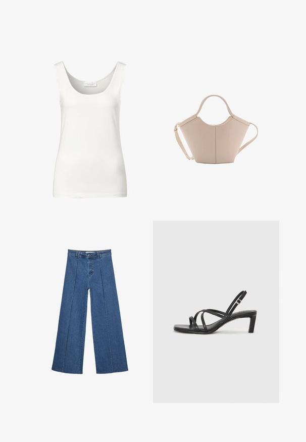 Ruskea bleiseri, jossa on viistetty kaulus, yksittäinen napin suljenta, kaksi etutaskua ja rintatasku. Valmistettu sileästä kankaasta, joka sisältää muotoiltua suunnittelua.; Valkoinen hihaton t-paita pyöreällä pääntiellä. Valmistettu sileästä kankaasta, jossa on minimalistinen muotoilu ja pehmeä rakenne.; Korkeat vyötäröiset, keskisiniset, leveiden lahkeiden denim-farkut, joissa on nappikiinnitys ja kontrastiväriset pystysaumadetaileja edessä.; Mustat hihnalligat, joissa on neliön muotoinen kärki ja matala lohkokorko. Ominaisuuksiin kuuluu useita ohuita hihnoja ja säädettävä nilkkahihna. Valmistettu sileästä nahasta.; Vaaleanbeige nahkainen käsilaukku, jossa on ainutlaatuinen muoto, varustettuna kahdella lyhyellä kahvalla ja yhdellä pitkällä säädettävällä hihnalla. Sujuva pinta ja vähän metalliosia.