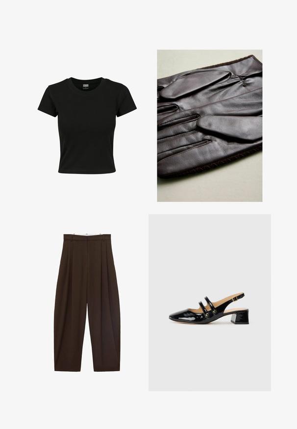 Brun blazer med klapkrave, enkelt knaplukning, to frontlommer og en brystlomme. Fremstillet i glat stof med en skræddersyet design.; Sort kortærmet t-shirt lavet af glat bomuldsstof, med rund halsudskæring og en tætsiddende pasform. Ingen synlige mønstre eller accenter.; Brune højtaljede bukser med folder, lavet af glat stof. Løs pasform, straight leg design, med bæltestropper og lynlås.; Sorte patentlæder slingback sko med spids tå, to stropdetaljer, gyldne cirkulære accenter og en lav blokhæl.; Brune læderhandsker med en glat tekstur, der har fem fingre, elastisk håndled og dekorativ syning langs kanten.