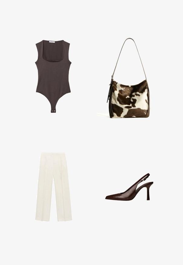 Brun blazer med klapkrave, enkelt knaplukning, to frontlommer og en brystlomme. Fremstillet i glat stof med en skræddersyet design.; Brun ærmeløs bodysuit med firkantet hals, lavet af blødt stof. Har en snap-lukning i bunden og en tætsiddende silhuet.; Bredbenede bukser i en lys cremefarve. Fremstillet af et glat stof med plisseringer foran og sidelommer.; Brune læder slingback pumper med spids tå og en tynd hæl. Har en lille accentspænde på remmen og en blank finish.; Brun og creme farvet koe læder skuldertaske med en glat læderrem, lynlås lukning og en blød, tekstureret overflade med et naturligt mønster.