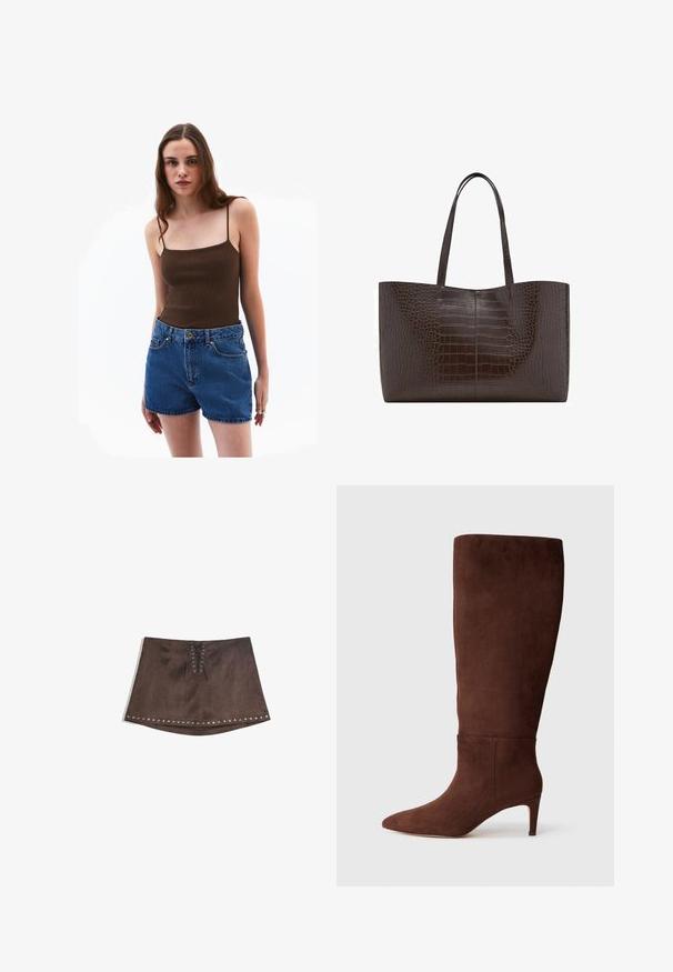 Bruine blazer met een opstaande revers, enkele knoopsluiting, twee zijzakken en een borstzak. Gemaakt van gladde stof, met een getailleerd ontwerp.; Bruine geribde tanktop met dunne bandjes, gecombineerd met hoge blauwe denim shorts met voorzakken en een sluiting met gouden knopen.; Bruine faux suede mini rok met een front lace-up detail en zilveren studs langs de zoom. Glad oppervlak, A-lijn vorm en korte lengte.; Bruine suède laars tot de knie met een spitse neus en een stilettohak. Gladde textuur en minimaal ontwerp. Geen zichtbare hardware of accenten.; Bruine tote bag met krokodillenstructuur, met twee stevige handvatten, rechthoekige vorm en een gladde glanzende afwerking; voorzien van een centrale naaddetail.