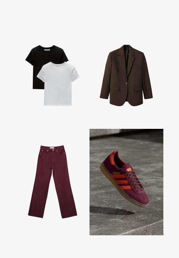 Smeđi sako s izrezanim reverom, s jednim kopčanjem, s dva prednja džepa i jednim džepom na prsima. Napravljen od glatkog materijala, s oblikovanim dizajnom.; Dva majice s okruglim izrezom, u crnoj i bijeloj boji, od pamuka. Imaju kratke rukave i jednobojni dizajn bez uzoraka ili akcenta.; Burgundske traperice visoki struk, ravnog kroja, s prednjim džepovima, gumbom za zatvaranje i akcentima od bakrenog tona.; Kestenjasta suede tenisica s narančastim prugama i detaljima, smešnim vezicama i gumiranim potplatom. Ima oznaku na jezičku.