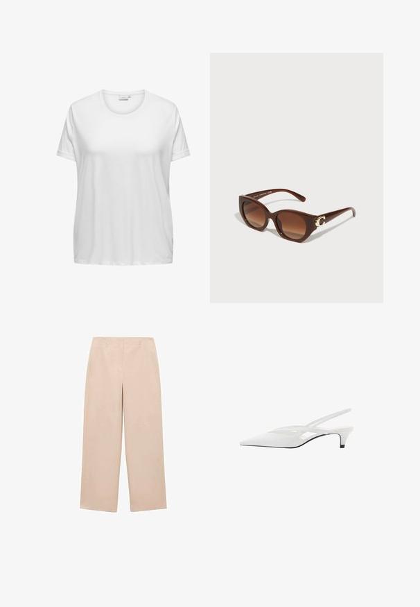Sacou maro cu rever în formă de V, închidere cu un singur nasture, două buzunare frontale și un buzunar pe piept. Fabricat dintr-un material neted, având un design ajustat.; Tricou alb din bumbac, cu guler rotund și mâneci scurte. Croială lejeră, cu o textură netedă și fără modele sau accente vizibile.; Pantaloni largi bej, confecționați dintr-un material neted, cu un față plată, bucle pentru curea și fără modele sau accesorii vizibile.; Sandale albe cu toc slingback și vârf ascuțit, având un upper neted, decupaje subtile și un toc bloc mic. Talpa neagră accentuează designul.; Ochelari de soare din plastic maro cu formă de ochi de pisică, lentile maro cu un gradient și un detaliu cu logo de ton auriu pe bradă. Textură netedă.