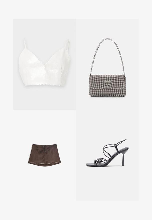 Brun kavaj med slag, enknapplåsning, två framfickor och en bröstficka. Tillverkad av ett slätt tyg och har en skräddarsydd design.; Vit kort topp med justerbara tunna band, täckt av glänsande paljetter på en enkel bakgrund.; Brun konstläder mini kjol med en frammonsdetalj i snörning och silvernitar längs fållen. Slät struktur, A-linjeform och kort längd.; Svarta högklackade sandaler har tunna remmar med en knuten design, en slät fyrkantig tå och en smal stilettklack.; Ljusgrå metallisk handväska med kedjestropp, prydd med små cirkulära metallnitar och en triangulär logotyp.; Silverfärgade hängande örhängen med en slät, blänkande yta. Rundad form, lätt design, med ett stift- och bakstängning.