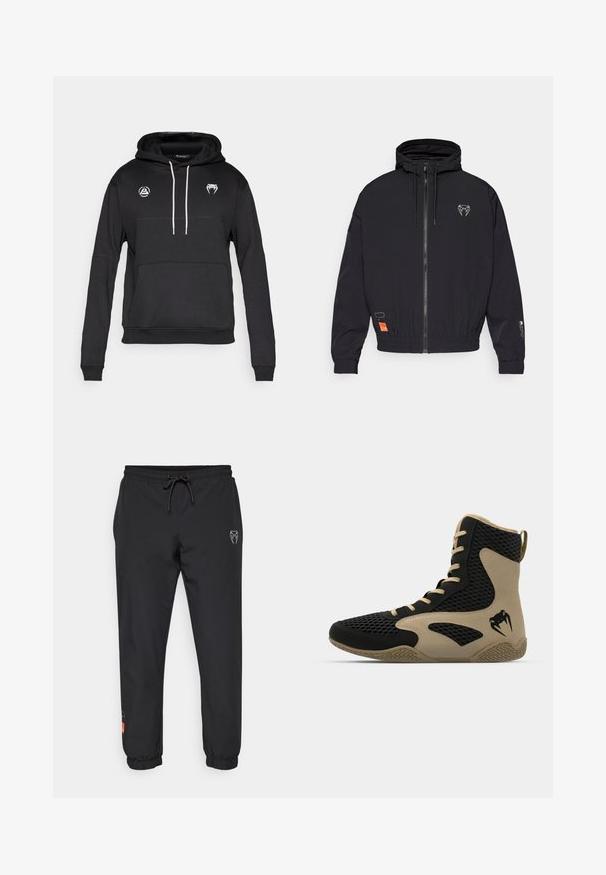 Μαύρο φούτερ με φερμουάρ και κουκούλα, με ελαστικές μανσέτες και κορδόνι. Διαθέτει λογότυπο στο στήθος και πορτοκαλί ετικέτα στο πλάι.; Μαύρο φούτερ με κουκούλα και τσέπη καγκουρό, λευκά κορδόνια και δύο λογότυπα στο στήθος. Κατασκευασμένο από μαλακό, υφασμάτινο υλικό με υφή.; Μαύρη κοντομάνικη μπλούζα από βαμβάκι με διακριτική υφή. Διαθέτει εμπρός τσέπη με ορθογώνιο σχέδιο και λεπτομέρεια λογότυπου.; Μαύρο παντελόνι φόρμας από ελαφρύ υλικό, με ελαστική μέση και κορδόνι, στενές γραμμές στα πόδια και λογότυπα στο μπροστινό μέρος.; Αθλητικά παπούτσια τύπου ψηλή με μαύρο διχτυωτό εξωτερικό και εκρού λεπτομέρειες. Υφή από καουτσούκ στην σόλα και λογότυπο στη πλευρά.
