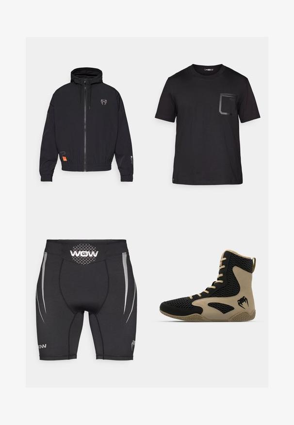 Jachetă neagră cu fermoar, cu glugă, manșete elastice și șnur. Are un logo pe piept și un etichetă portocalie pe lateral.; Tricou negru cu mânecă scurtă, realizat din bumbac, cu o textură subtilă. Prezintă un buzunar frontal cu un design rectangular și detalii cu logo.; Pantaloni scurți atletici negri din nylon elastic, cu accente laterale argintii, o talie din plasă și detalii cu logo pe partea inferioară din față și din spate.; Pantofă sport de tip high-top cu un exterior din plasă neagră și accente bej. Talpă din cauciuc texturat și detaliu logo pe lateral.