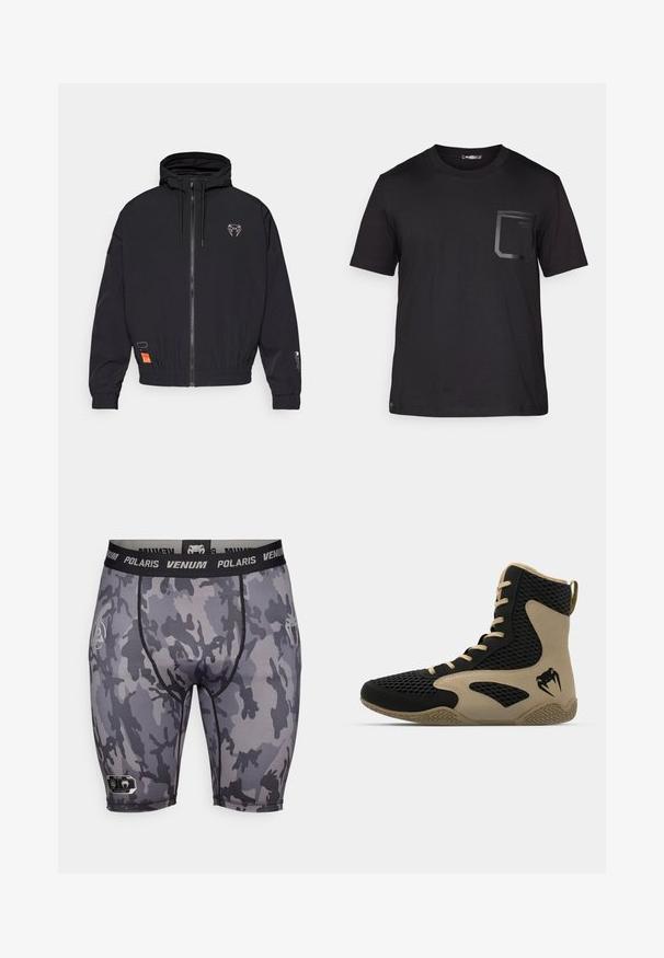 Μαύρο φούτερ με φερμουάρ και κουκούλα, με ελαστικές μανσέτες και κορδόνι. Διαθέτει λογότυπο στο στήθος και πορτοκαλί ετικέτα στο πλάι.; Μαύρη κοντομάνικη μπλούζα από βαμβάκι με διακριτική υφή. Διαθέτει εμπρός τσέπη με ορθογώνιο σχέδιο και λεπτομέρεια λογότυπου.; Γκρι στρατιωτικά σορτς συμπίεσης με μαύρη ζώνη μέσης που φέρει το κείμενο "Venum Polaris". Λείο υλικό με ενισχυμένες ραφές και λεπτομέρεια με λογότυπο.; Αθλητικά παπούτσια τύπου ψηλή με μαύρο διχτυωτό εξωτερικό και εκρού λεπτομέρειες. Υφή από καουτσούκ στην σόλα και λογότυπο στη πλευρά.