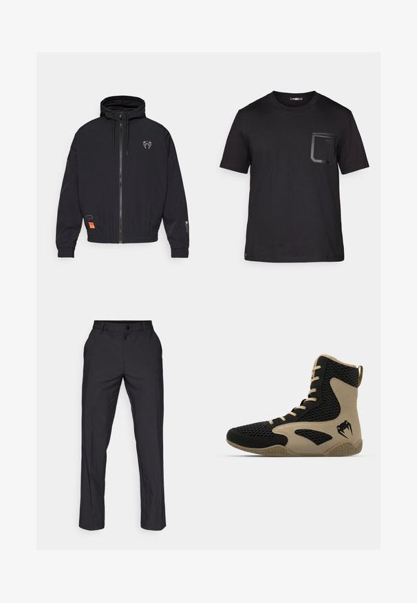 Czarna kurtka zapinana na zamek z kapturem, elastycznymi mankietami i sznurkiem. Posiada logo na klatce piersiowej oraz pomarańczową metkę z boku.; Czarny t-shirt z krótkim rękawem, wykonany z bawełny, o subtelnej teksturze. Posiada frontową kieszeń o prostokątnym kształcie z detalem logo.; adidas Golf - Spodnie materiałowe; Wysokie buty sportowe z czarną siateczkową powierzchnią i beżowymi akcentami. Teksturowana gumowa podeszwa i detal logo po boku.