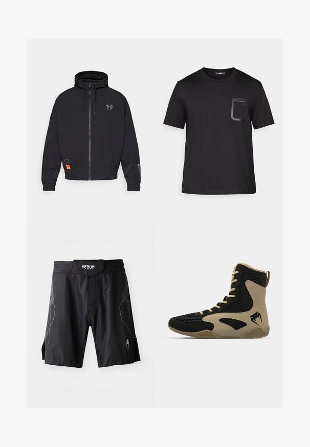 Zwarte zip-jas met een capuchon, elastische manchetten en een trekkoord. Bevat een logo op de borst en een oranje label aan de zijkant.; Zwarte t-shirt met korte mouwen van katoen met een subtiele textuur. Beschikt over een voorzak met een rechthoekig ontwerp en logo-detail.; Zwarte Venum sportshorts met een brede tailleband, klittenbandsluiting en subtiele grijze accenten aan de zijkanten en onderbenen.; Hoge sportieve schoen met een zwart gaasexterieur en beige accenten. Gestructureerde rubberen zool en logo-detail aan de zijkant.
