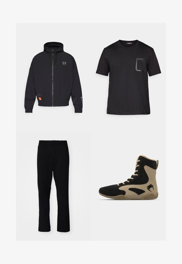 Svart zip-up jacka med huva, elastiska ärmslut och dragsko. Har en logotyp på bröstet och en orange etikett på sidan.; Svart kortärmad t-shirt i bomull med en subtil struktur. Har en framficka med en rektangulär design och logodetalj.; Svarta byxor med slim fit. De har resårmidja och raka ben, tillverkade av ett slätt tyg med matt yta.; Högskuren спортивна sko med en svart nätutsida och beige accenter. Texturerad gummisula och logodetalj på sidan.