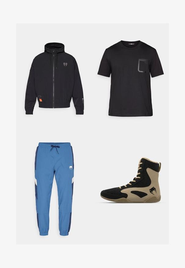 Casaco preto com fecho éclair e capuz, punhos elásticos e cordão. Apresenta um logótipo no peito e uma etiqueta laranja de lado.; T-shirt preta de manga curta feito de algodão com uma textura subtil. Apresenta um bolso frontal com um design retangular e detalhe do logo.; Calças de corrida azuis com um cós elástico, apresentando painéis laterais em azul-marinho, riscas brancas e um logótipo perto do quadril. Punhos elásticos nos tornozelos.; Sapatilha desportiva de cano alto com um exterior em malha preta e detalhes em bege. Sola de borracha texturada e detalhe do logótipo na lateral.