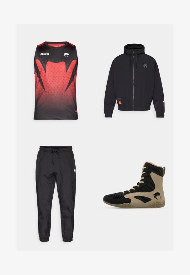 Mustat vetoketjulliset takki huppua, elastiset hihansuut ja kiristysnauha. Rinnassa logo ja sivulla oranssi etiketti.; Musta ja punainen hihaton urheilutoppi, jossa on gradienttikuviota, kuusikulmainen tekstuuri ja rohkeita mustia yksityiskohtia logoilla.; Mustat, kevyet jogginghousut, joissa on joustava vyötärö ja nyöri, kapenevat lahkeet ja hienovarainen tekstuuri.; Korkean varren urheilukengät, joissa on musta verkkopinta beigeillä yksityiskohdilla. Hieman teksturoitu kumipohja ja logokuvaus sivussa.