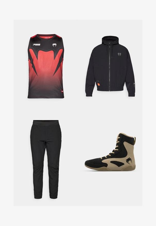 Black zip-up jacket with a hood, elastic cuffs, and a drawstring. Features a logo on the chest and an orange tag on the side.; Black and red sleeveless athletic tank top featuring a gradient pattern, hexagonal texture, and bold black accents with logos.; Black stretch pants with a fitted design, elastic waistband, and zippered pockets. Smooth texture with a slightly shiny finish.; High-top athletic shoe featuring a black mesh exterior with beige accents. Textured rubber sole and logo detail on the side.