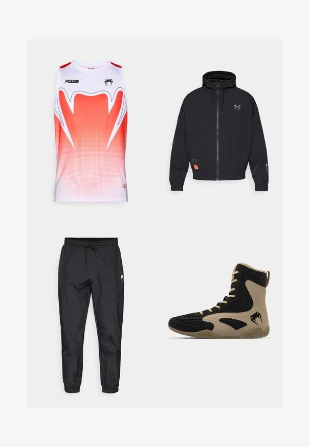 Czarna kurtka zapinana na zamek z kapturem, elastycznymi mankietami i sznurkiem. Posiada logo na klatce piersiowej oraz pomarańczową metkę z boku.; Bezrękawnik sportowy w kolorze białym z gradientowym odcieniem czerwonego, z geometrycznym wzorem, okrągłym dekoltem i logo marki z przodu.; Czarne, lekkie spodnie dresowe z elastycznym pasem ze sznurkiem, zwężanymi nogawkami i subtelnym teksturowanym wykończeniem.; Wysokie buty sportowe z czarną siateczkową powierzchnią i beżowymi akcentami. Teksturowana gumowa podeszwa i detal logo po boku.