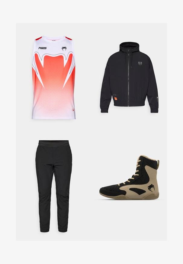 Black zip-up jacket with a hood, elastic cuffs, and a drawstring. Features a logo on the chest and an orange tag on the side.; Sleeveless athletic shirt in white and gradient red, featuring a geometric pattern, a round neckline, and brand logos on the front.; Black stretch pants with a fitted design, elastic waistband, and zippered pockets. Smooth texture with a slightly shiny finish.; High-top athletic shoe featuring a black mesh exterior with beige accents. Textured rubber sole and logo detail on the side.