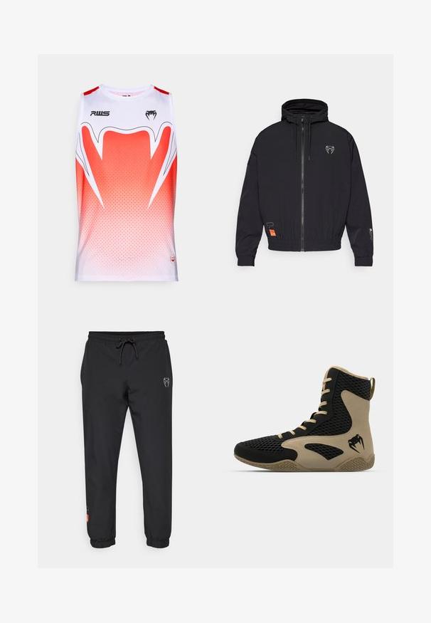 Schwarze Zip-Jacke mit Kapuze, elastischen Bündchen und Kordelzug. Besitzt ein Logo auf der Brust und ein oranges Etikett an der Seite.; Ärmelloses Sportshirt in Weiß und rot mit Farbverlauf, das ein geometrisches Muster, einen runden Ausschnitt und Markenlogos auf der Vorderseite aufweist.; Schwarze Jogginghosen aus leichtem Material, mit elastischem Bund und Kordelzug, schmal zulaufenden Beinen und Logodetails auf der Vorderseite.; Hochschuh mit schwarzem Mesh-Obermaterial und beigen Akzenten. Strukturiertem Gummisohle und Logodetail an der Seite.