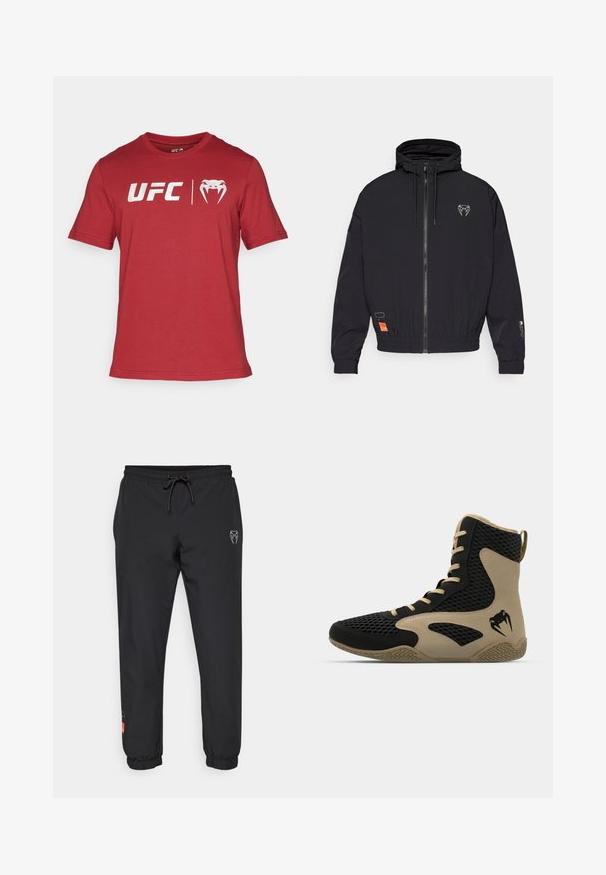 Must mustaga, millel on kapuuts, elastsed mansetid ja reguleeritav nöör. Ees on logo ja küljel oranž silt.; Punane lühikeste varrukatega T-särk, mis on valmistatud puuvillast, esiplaanil on "UFC" logo ja stiliseeritud looma näo disainielement.; Musthave mustad püksid, mis on valmistatud kergest materjalist, pa elastse vöökoha ja tõmblukuga, kitsenevate säärtega ja logoga detailidega ees.; Korkeatoimelise spordijalanõud musta võrkmaterjaliga, millel on beežid accentsid. Tekstureeritud kummist tallad ja logodetail küljepeal.
