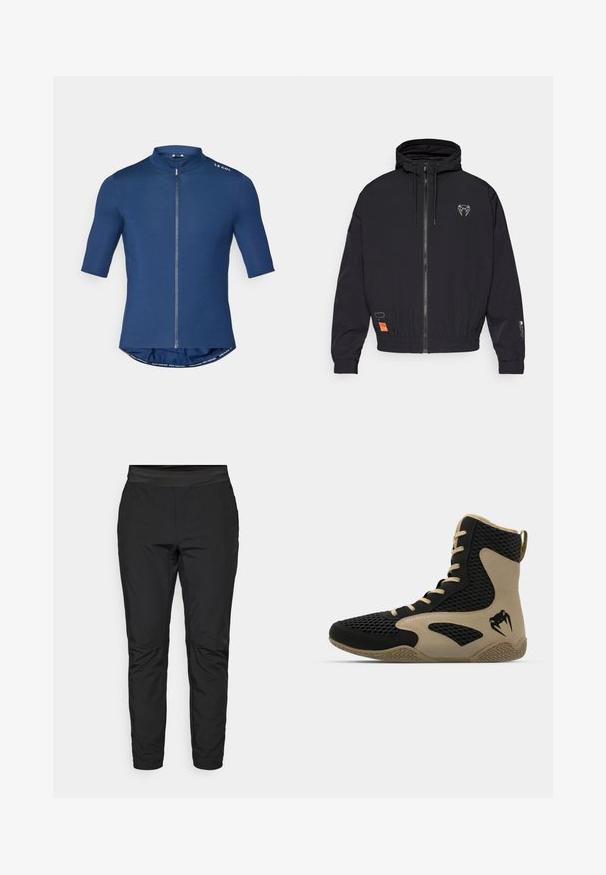 Veste zippée noire avec capuche, poignets élastiques et cordon de serrage. Présente un logo sur la poitrine et une étiquette orange sur le côté.; Maillot de cyclisme à manches courtes en bleu marine, équipé d'un zip intégral, d'un col haut et d'un ourlet arrondi. Fabriqué en matériau lisse et extensible.; Pantalons de sport noirs extensibles avec un design ajusté, une taille élastique et des poches zippées. Texture lisse avec une finition légèrement brillante.; Chaussure de sport montante avec un extérieur en mesh noir et des accents beiges. Semelle en caoutchouc texturée et détail de logo sur le côté.