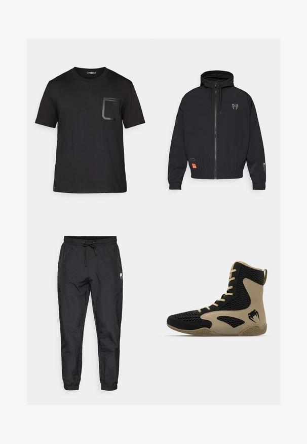 Schwarze Zip-Jacke mit Kapuze, elastischen Bündchen und Kordelzug. Besitzt ein Logo auf der Brust und ein oranges Etikett an der Seite.; Schwarzes T-Shirt mit kurzen Ärmeln aus Baumwolle und einer subtilen Textur. Verfügt über eine vordere Tasche mit rechteckigem Design und Logodetail.; Schwarze, leichte Jogginghosen mit einem elastischen Bund und Kordelzug, schmal zulaufenden Beinen und subtiler texturierter Oberfläche.; Hochschuh mit schwarzem Mesh-Obermaterial und beigen Akzenten. Strukturiertem Gummisohle und Logodetail an der Seite.