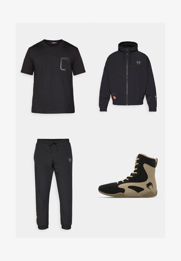 Čierna bunda na zips s kapucňou, elastickými manžetami a stiahacou šnúrkou. Obsahuje logo na hrudi a oranžovú nášivku na boku.; Čierne tričko s krátkym rukávom vyrobené z bavlny s jemnou štruktúrou. Obsahuje prednú kapsu s obdĺžnikovým dizajnom a detailom loga.; Čierne jogger nohavice vyrobené z ľahkého materiálu, s elastickým pásom na šnúrku, zúženými nohavicami a logom na prednej strane.; Vysoké športové topánky s čiernou sieťovinou a béžovými akcentmi. Štruktúrovaná gumová podrážka a detail loga na boku.