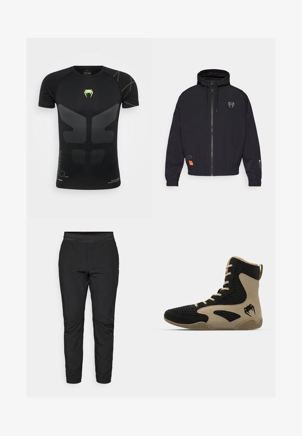 Μαύρο φούτερ με φερμουάρ και κουκούλα, με ελαστικές μανσέτες και κορδόνι. Διαθέτει λογότυπο στο στήθος και πορτοκαλί ετικέτα στο πλάι.; Μαύρο κοντομάνικο αθλητικό μπλουζάκι με υφή, με πράσινο λογότυπο και λεπτομέρειες. Δικτυωτό σχέδιο καλύπτει μέρη του μπροστινού μέρους.; Μαύρα κολάν με εφαρμοστή σχεδίαση, ελαστική μέση και τσέπες με φερμουάρ. Λείο ύφασμα με ελαφρώς γυαλιστερή επιφάνεια.; Αθλητικά παπούτσια τύπου ψηλή με μαύρο διχτυωτό εξωτερικό και εκρού λεπτομέρειες. Υφή από καουτσούκ στην σόλα και λογότυπο στη πλευρά.