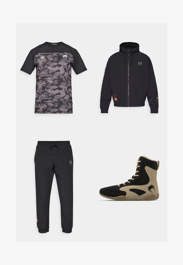 Juodas zip-up džemperis su kapišonu, elastingomis rankovėmis ir šniūromis. Ant krūtinės yra logotipas ir šone oranžinė etiketė.; Trumpomis rankovėmis sportinis marškinėlis juodos ir pilkos kamufliažinės spalvos su logotipo akcentais ant krūtinės. Lygus, tamprus audinys.; Juodos treniruotės kelnės, pagamintos iš lengvos medžiagos, su elastingu liemeniu ir raišteliu, siaurėjančiomis kojomis ir logotipo akcentais priekyje.; Aukštesni sportiniai batai, turintys juodą tinklinį paviršių su smėlio spalvos akcentais. Tekstūruota gumos pašiūrė ir logotipo detalė šonėje.