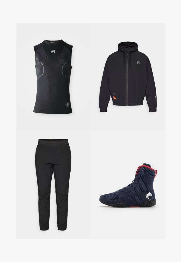 Melnā džaka ar rāvējslēdzēju un kapuci, elastīgām aprocēm un auklu. Uz krūtīm ir logotips un sānā oranža birka.; Melnā bezpiedurkņu sporta kompresijas krekls ar diskrētām rakstainām paneļiem, neliels balts čūskas logo uz krūtīm un apļveida emblema tuvumā apakšmalai.; Melni stiepļu bikses ar pieguļošu dizainu, elastīgu jostasvietu un ar rāvējslēdzējiem aprīkotiem kabatām. Gluda tekstūra ar nedaudz spīdīgu apdari.; Augstās sportiskās kurpes tumši zila zamšādā ar sietveida paneļiem, sarkaniem akcentiem uz apkakles un šnurēm, un melnu gumijas zoli ar logotipa detaļu.