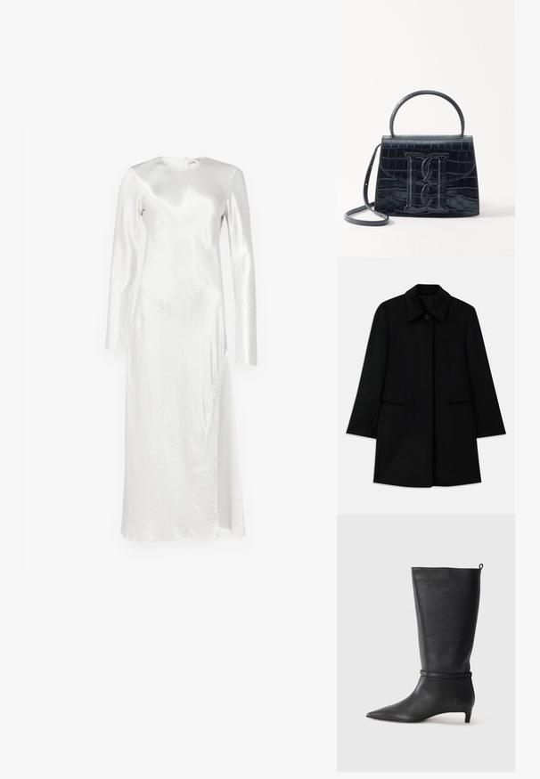 Palton negru din lână, cu închidere frontală cu buton, guler larg și două buzunare laterale. Are un croi drept și o textură netedă.; Max Mara Leisure ELOGIO - Îmbrăcăminte de ocazie - bianco; Botă din piele neagră, până la genunchi, cu vârf ascuțit, accentuată de o curea circulară în jurul gleznei și un toc jos, îngustat. Textură netedă.; Geantă din piele cu model de crocodil negru, cu un design structurat, mână superioară, curea ajustabilă și un detaliu proeminent cu logo pe față.