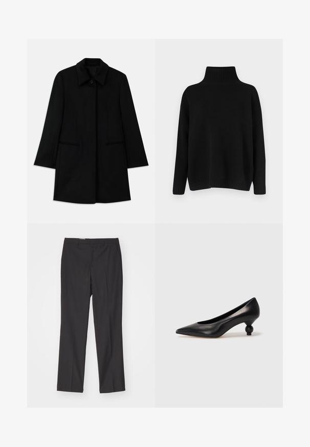 Black wool coat with a front button closure, wide collar, and two side pockets. Features a straight cut and smooth texture.; Black knitted sweater with a high ribbed collar, dropped shoulders, and a relaxed fit. Features ribbed cuffs and hem for texture.; Black tailored trousers with a straight leg design, featuring belt loops and a smooth texture, made from lightweight fabric.; Black leather high heel shoe with a pointed toe and a round, balled heel. Smooth texture with a sleek, minimal design.