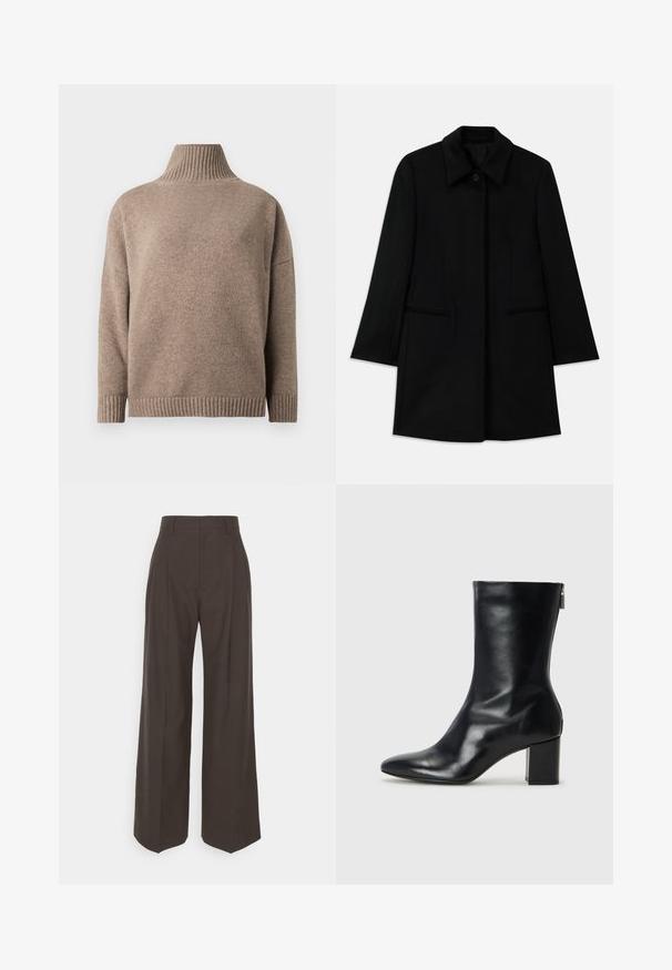 Mustat villakate, millel on esiküljel nööbid, lai krae ja kaks küljetaskut. Omab sirget lõiget ja sileda tekstuuri.; Pruun kootud kõrge kaelusega kampsun, millel on pikad varrukad ning soonikkoes mansetid ja alumine äär, valgel taustal.; Tumepruunid lai jalad püksid kõrge vöökohaga, millel on korralikult pressitud kortsud, sile tekstuur ja täpselt sobiv lõige.; Must musta ankle boot teravaid varvastega ja 4 cm plokknõela. Suurepärase disainiga, millel on külgrihm lihtsaks läbi panemiseks. Sile tekstuur.