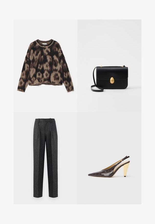 Sort uldfrakke med knaplukning fortil, bred krave og to sidelommer. Har en lige pasform og glat tekstur.; MUNTHE TOLLA - Striktrøje - brown; Skreddersydde bukser i mørkegråt stoff med lyse striper, med rett snitt, frontfolder og en glatt tekstur.; Spids-tå slingback hæl i mørkebrun blank fake krokodillelæder. Har en guldfarvet geometrisk hæl og justerbar ankelrem.; Sort læderhandbag med en struktureret rektangulær form. Har et gyldent ovalt lås og en tynd skulderrem. Glat tekstur.
