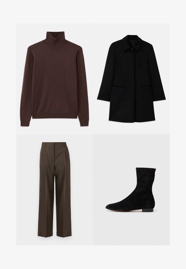 Juodas vilnonis paltas su priekiniais mygtukais, plačiomis apykaklėmis ir dviem šoniniais kišenėmis. Turi tiesų kirpimą ir sklandžią tekstūrą.; Rudas golfas, pagamintas iš minkštos medžiagos, su prigludusia forma ir raukšlėta apykakle. Ilgos rankovės ir lygus paviršius be raštų.; Rudos platesnios kelnės su lygiu paviršiumi, turinčios aukštą liemenį, priekinės klostes ir pritaikytą dizainą. Nėra matomų kišenių ar puošmenų.; Juoda zomšo kulkšnė su prigludusia ašimi, smailiu pirštu ir žemu bloku. Lygus paviršius ir minimalistiškas dizainas, tinkantis įvairiems stiliams.