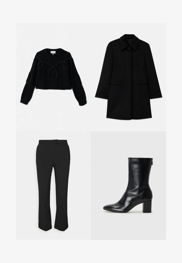 Czarny wełniany płaszcz z zapięciem na guziki z przodu, szerokim kołnierzem i dwoma bocznymi kieszeniami. Posiada prosty krój i gładką teksturę.; Czarny sweter z dzianiny o skróconym kroju, z teksturowanej tkaniny oraz plecionymi akcentami z przodu i na rękawach.; Czarne, dopasowane spodnie o prostym kroju, z pętelkami na pasek i kieszeniami po bokach. Wykonane z gładkiego materiału o czystym wykończeniu.; Czarne skórzane botki za kostkę z wydłużonym noskiem i 4-centymetrowym słupkowym obcasem. Smukły design z bocznym zamkiem ułatwiającym zakładanie. Gładka tekstura.