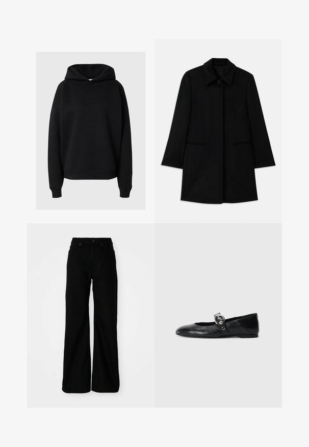 Černý vlněný kabát s předním zapínáním na knoflíky, širokým límcem a dvěma bočními kapsami. Disponuje rovnými liniemi a hladkým povrchem.; Černá mikina s kapucí z měkké látky, která má volný střih, žebrované manžety a jemný detail loga na přední straně.; Černé široké kalhoty z denimové látky. Mají vypasovaný pas, přední kapsy a zapínání na knoflík. Hladký povrch s minimálními detaily.; Černé kožené baletní střevíce s špičatou špičkou, vybavené páskem s kruhovou kovovou přezkou a plochou podrážkou.