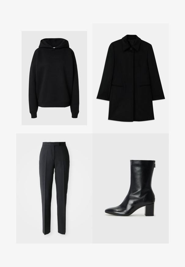 Melna vilnas mētelis ar priekšējo pogu aizdari, platu apkakli un divām sānu kabatām. Izceļas ar taisnu griezumu un gludu tekstūru.; Melna kapucīna džemperis, izgatavots no mīksta auduma, ar brīvu piegriezumu, ribotām piedurknēm un plūstošu logotipa detaļu priekšpusē.; Melni piegādāti taisni bikses ar augsto jostu un priekšējiem krokām, attēlotas uz vienkārša gaismas fona.; Melna ādas potītes zābaks ar norādītu purngalu un 4 cm bloku papēdi. Gluds dizains ar sānu rāvējslēdzēju vieglai uzvilkšanai. Gluda tekstūra.