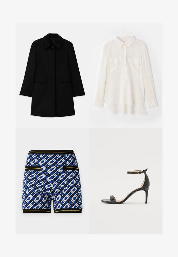 Crni vuneni kaput s prednjim zatvaranjem na gumbi, širokim ovratnikom i dva bočna džepa. Ima ravni kroj i glatku текстуру.; Bijela košulja s dugim rukavima od lagane tkanine. Ima klasičnu kragnu, dva džepa na prsima i blago duži stražnji rub.; Pletene kratke hlače s uzorkom u plavo, crno i bijeloj geometrijskoj kombinaciji, s kontrastnim žutim akcentima i džepovima sa strane.; Crne kožne sandale na visokom potpeticu s remenom oko gležnja. Imaju glatku teksturu, otvoreni prst i tanku potpeticu. Detalj s kopčom u zlatnoj boji.