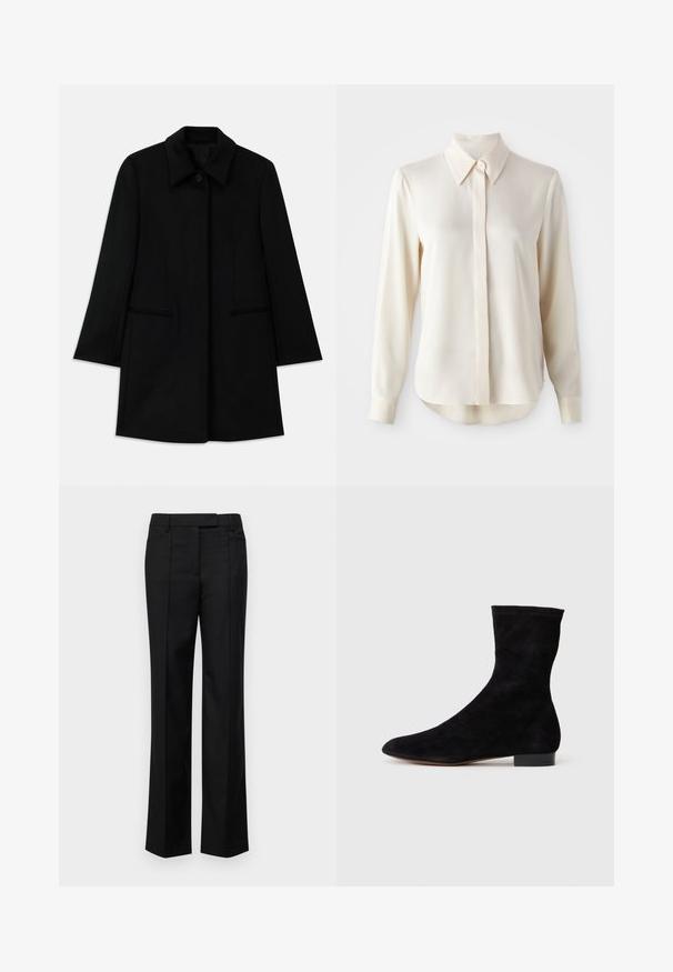 Black wool coat with a front button closure, wide collar, and two side pockets. Features a straight cut and smooth texture.; Long-sleeve, collared shirt in ivory silk, featuring a button-down front, slight sheen, and rounded hem with a relaxed fit.; Black tailored pants with a straight-leg design, featuring two frontal pockets, a smooth fabric texture, and clean lines.; Black suede ankle boot with a fitted shaft, pointed toe, and a low block heel. Smooth texture and minimalistic design, suitable for versatile styling.