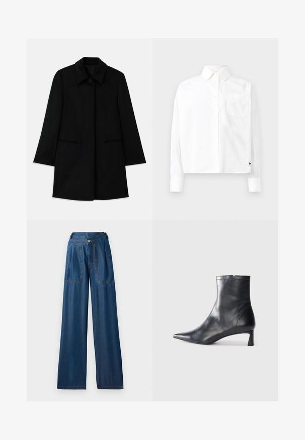 Palton negru din lână, cu închidere frontală cu buton, guler larg și două buzunare laterale. Are un croi drept și o textură netedă.; Cămașă albă cu mâneci lungi, cu guler pointat, un singur buzunar pe piept și manșete la încheietură. Fabricată dintr-un material neted și ușor.; Blugi largi de culoare albastru închis din denim, cu două buzunare frontale, închidere prin buton și detalii de cusătură în contrast de culoare portocalie.; Cizmă de gleznă din piele neagră cu vârf ascuțit și un design elegant. Dispune de un toc mic și de o închidere cu fermoar la spate. Textură netedă.