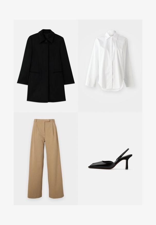 Juodas vilnonis paltas su priekiniais mygtukais, plačiomis apykaklėmis ir dviem šoniniais kišenėmis. Turi tiesų kirpimą ir sklandžią tekstūrą.; Baldai balta ilgomis rankovėmis marška su klasikiniu apykakle, užsegama priekyje ir šiek tiek išlenktu kraštu. Lygi medžiaga su švariu išvaizda.; Plati kojinės šviesiai rudos spalvos, pagamintos iš tekstūruoto audinio. Savybės: priekinių klosčių ir prigludusio juosmens. Paprastas dizainas be matomos aparatūros.; Juodas odinis slingback kulnas su smailiu nosiu, minimalizmo stilius, plonas kulkšnies dirželis ir elegantiškas stiletto kulnas. Lygus paviršius.