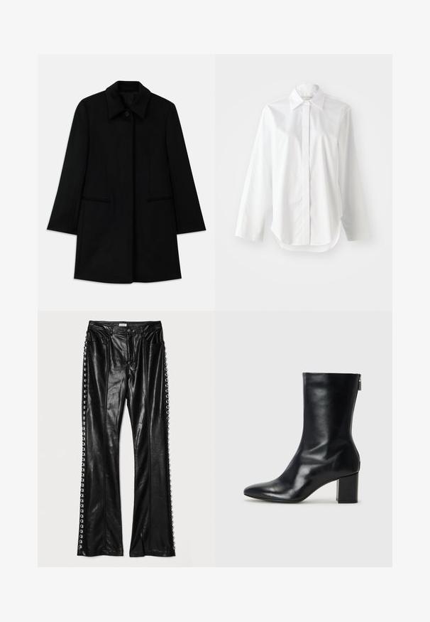Mustat villakate, millel on esiküljel nööbid, lai krae ja kaks küljetaskut. Omab sirget lõiget ja sileda tekstuuri.; Valge pikkade varrukatega särk klassikalise kraega, nööpidega esiosa ja veidi kõverdatud hemiga. Sile kangas, millel on selge välimus.; Cinq à Sept STUDDED SHAILENE PANT - Püksid - black; Must musta ankle boot teravaid varvastega ja 4 cm plokknõela. Suurepärase disainiga, millel on külgrihm lihtsaks läbi panemiseks. Sile tekstuur.