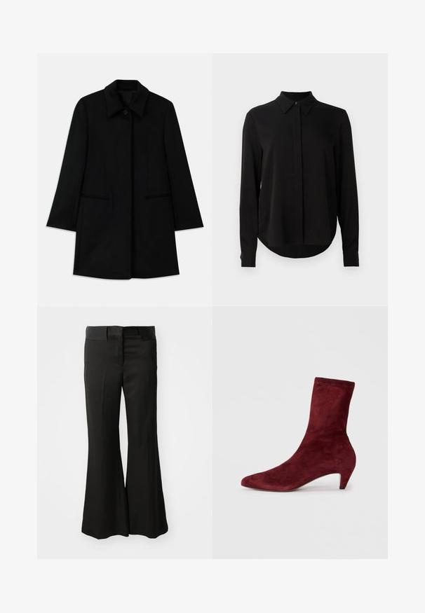Abrigo de lana negro con cierre de botones en la parte delantera, amplio cuello y dos bolsillos laterales. Presenta un corte recto y una textura suave.; Blusa negra de manga larga con cuello puntiagudo, tapeta de botones oculta y dobladillo curvado sobre un fondo blanco liso.; Pantalones de tiro medio en negro, acampanados y confeccionados en un material suave, que cuentan con un diseño limpio y ajustado sin adornos visibles.; Botín de ante burdeos con punta afilada y tacón bajo. Textura suave y diseño ajustado sin hardware o patrones visibles.