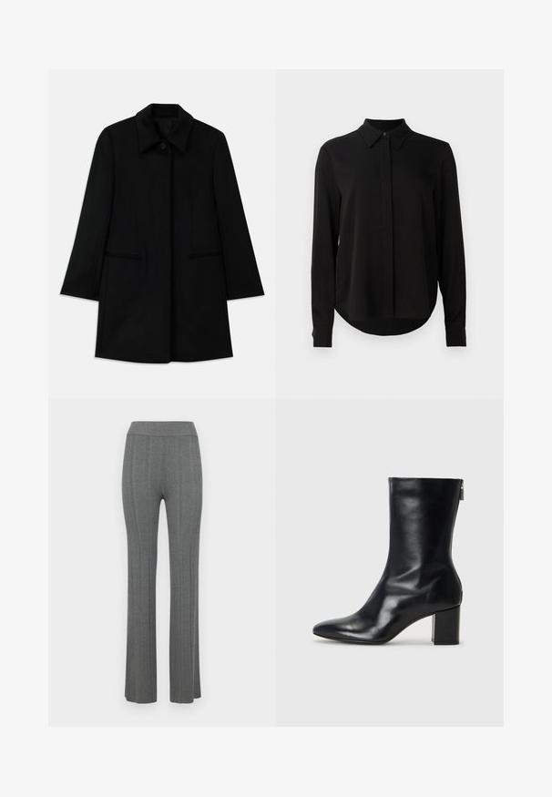 Fekete gyapjú kabát elülső gombos záródással, széles gallérral és két oldalsó zsebbel. Egyenes szabású és sima textúrájú.; Fekete hosszú ujjú blúz hegyes gallérral, rejtett gombsorttal és ívelt aljjal egy sima fehér háttér előtt.; Szürke, bordás anyagú, bővülő nadrág magas derékkal. Texturált kötött anyagból készült, az egész dizájnban függőleges csíkokkal.; Fekete bőr bokacipő hegyes orral és 4 cm-es blokkfallal. Simán díszített designja oldalra nyíló cipzárral rendelkezik, ami megkönnyíti a felvételt. Simább textúrával.