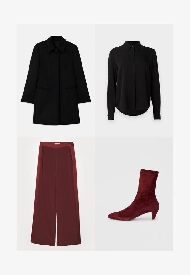 Czarny wełniany płaszcz z zapięciem na guziki z przodu, szerokim kołnierzem i dwoma bocznymi kieszeniami. Posiada prosty krój i gładką teksturę.; Czarna bluzka z długim rękawem i spiczastym kołnierzykiem, z ukrytą plaketą guzikową oraz zaokrąglonym dołem na jednolitym białym tle.; Bordowe spodnie z szerokimi nogawkami o gładkiej, miękkiej teksturze, z płaskim pasem i bocznymi kieszeniami. Minimalistyczny design bez widocznych metalowych elementów.; Bordowe zamszowe botki za kostkę z ostrym noskiem i niskim obcasem. Gładka tekstura i dopasowany krój bez widocznych elementów metalowych czy wzorów.