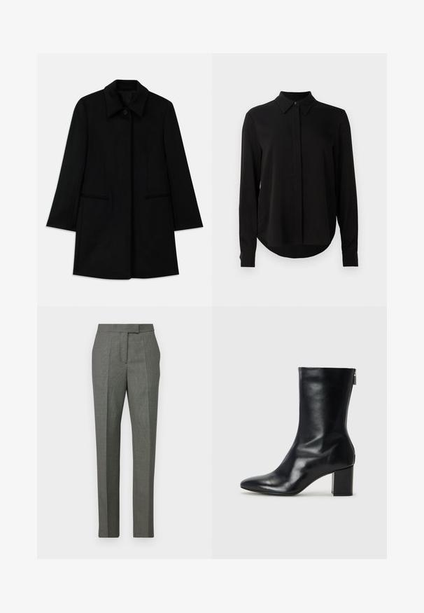 Czarny wełniany płaszcz z zapięciem na guziki z przodu, szerokim kołnierzem i dwoma bocznymi kieszeniami. Posiada prosty krój i gładką teksturę.; Czarna bluzka z długim rękawem i spiczastym kołnierzykiem, z ukrytą plaketą guzikową oraz zaokrąglonym dołem na jednolitym białym tle.; Szare spodnie w kratę o prostym kroju, uszyte z tkanej tkaniny, z płaskim przodem i szlufkami na pasek w talii.; Czarne skórzane botki za kostkę z wydłużonym noskiem i 4-centymetrowym słupkowym obcasem. Smukły design z bocznym zamkiem ułatwiającym zakładanie. Gładka tekstura.
