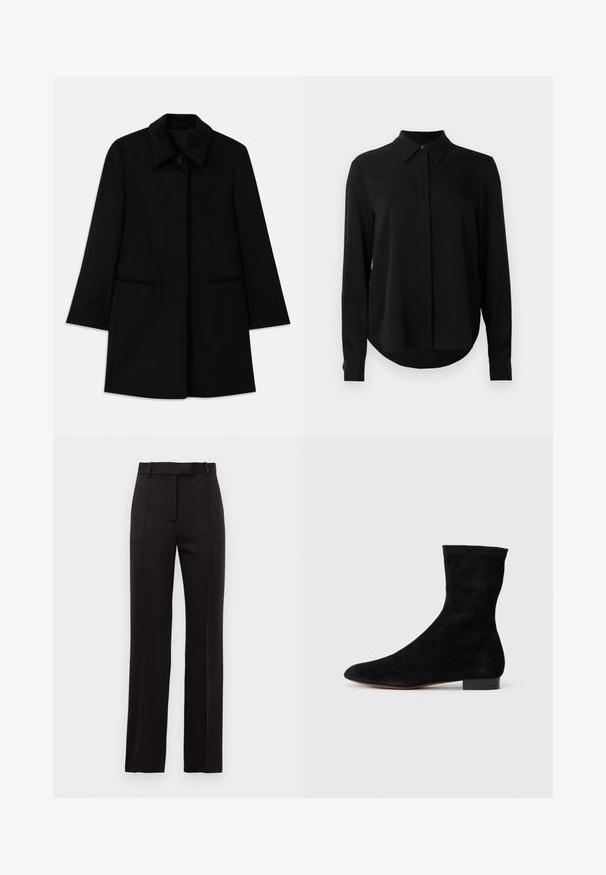 Palton negru din lână, cu închidere frontală cu buton, guler larg și două buzunare laterale. Are un croi drept și o textură netedă.; Bluză lungă neagră cu mâneci lungi, guler ascuțit, placket cu nasturi ascunși și tiv curbat pe un fundal alb simplu.; Pantaloni negri, croiți pe măsură, cu un design drept, având dungi subtile, bucle pentru curea și o textură netedă.; Cizme scurte din suede negre, cu un știft ajustat, vârful ascuțit și un toc mic, pătrat. Textură netedă și design minimalist, potrivite pentru un stil versatil.