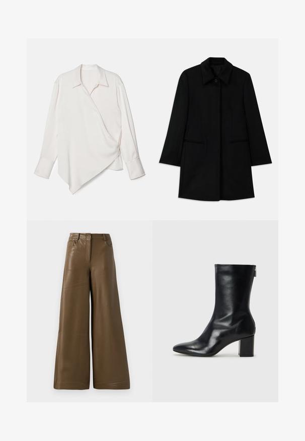 Schwarzer Wollmantel mit einer Frontknopfverschluss, breitem Kragen und zwei Seitentaschen. Verfügt über einen geraden Schnitt und eine glatte Textur.; Weißes Langarm-Wickelhemd mit spitzem Saum, gefertigt aus glattem Stoff, mit klassischem Kragen und geknöpften Ärmeln.; Hoch taillierte, weit geschnittene Hose aus glattem, braunem Kunstleder. Mit vier Taschen und einem Reißverschluss auf der Vorderseite. Flache Textur und minimalistisches Design.; Schwarze Leder-Ankle-Boots mit spitzer Zehe und 4 cm Blockabsatz. Schlankes Design mit einem seitlichen Reißverschluss für einfaches Anziehen. Glatte Textur.